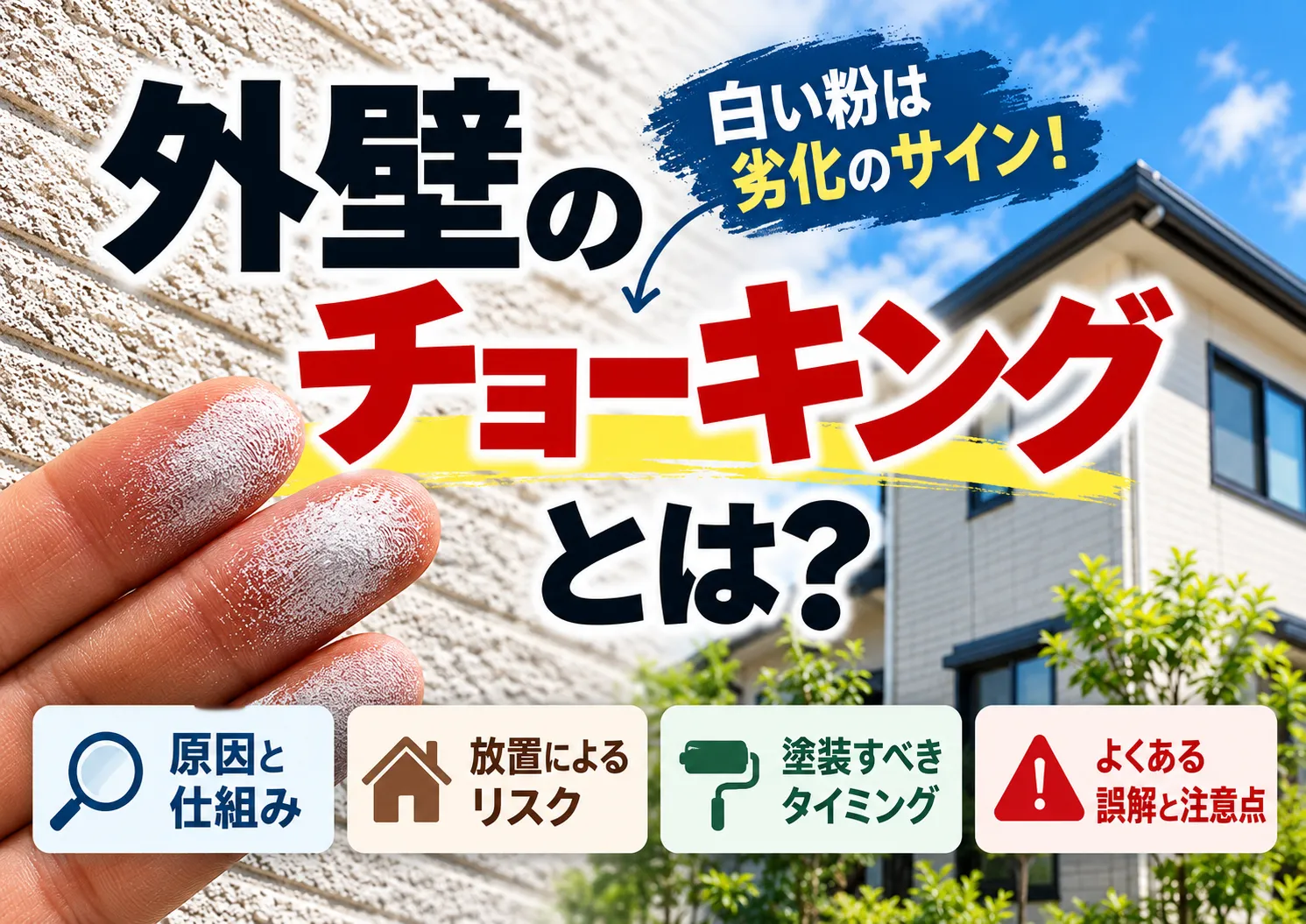外壁のチョーキングとは？白い粉が付く原因と放置リスク・塗装時期