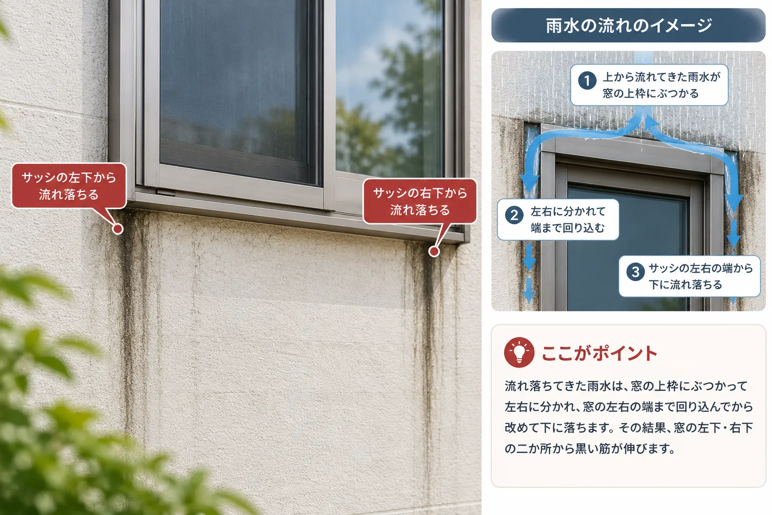 外壁の窓の下に出る雨だれのイメージ図。サッシの左右の端から黒い筋が下に伸びる様子