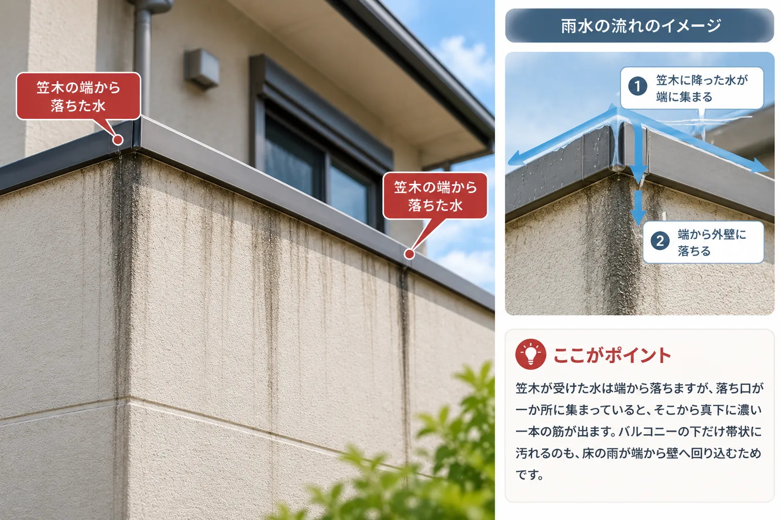 バルコニーの笠木の下に出る雨だれのイメージ図。笠木の端から落ちた水が外壁に濃い筋を作る様子