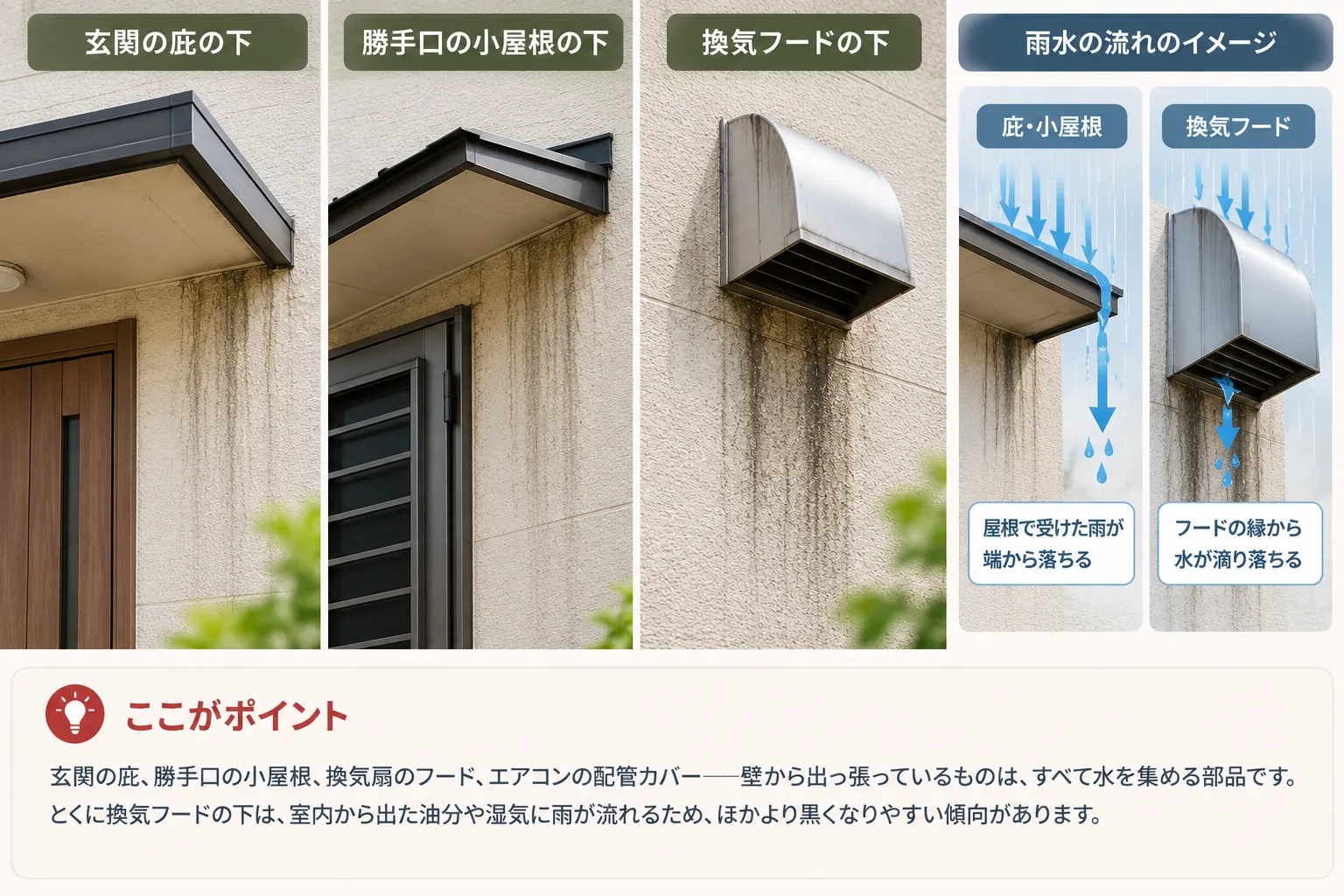 庇や換気フードの下に出る雨だれのイメージ図。フードの縁から滴った水が外壁に汚れを残す様子