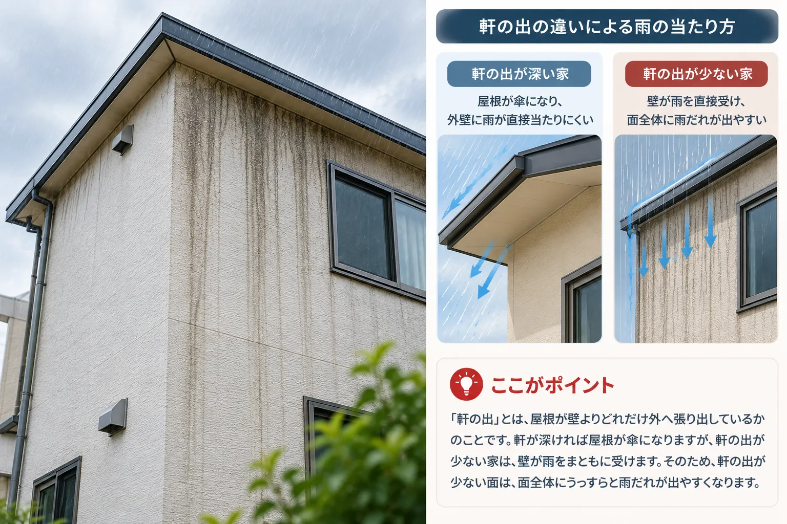 軒の出が少ない外壁が雨を直接受けて、面全体がうっすら汚れるイメージ図
