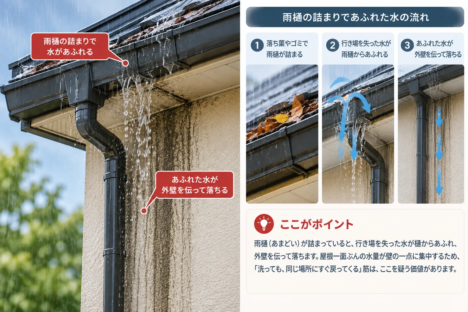 雨樋の詰まりであふれた水が外壁を伝い、濃い雨だれの筋を作るイメージ図