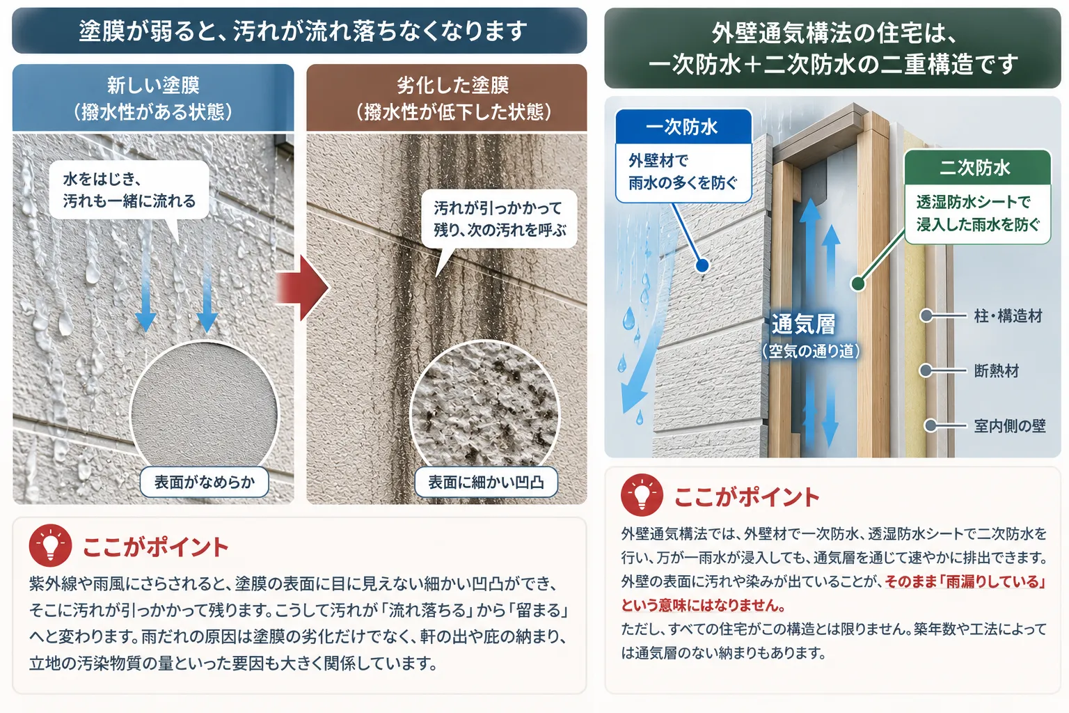 塗膜が弱ると、汚れが流れ落ちなくなるイメージ
