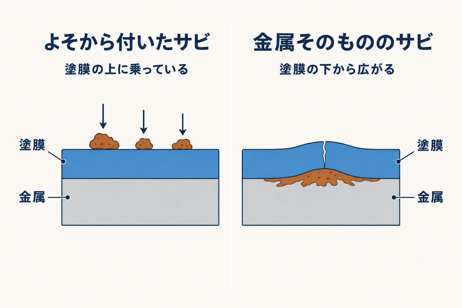 よそから付いたサビ(もらいサビ)と金属そのもののサビの違いを示す断面のイメージ図。左は塗膜の上にサビの粒が乗り、右は塗膜の下の金属からサビが広がっている