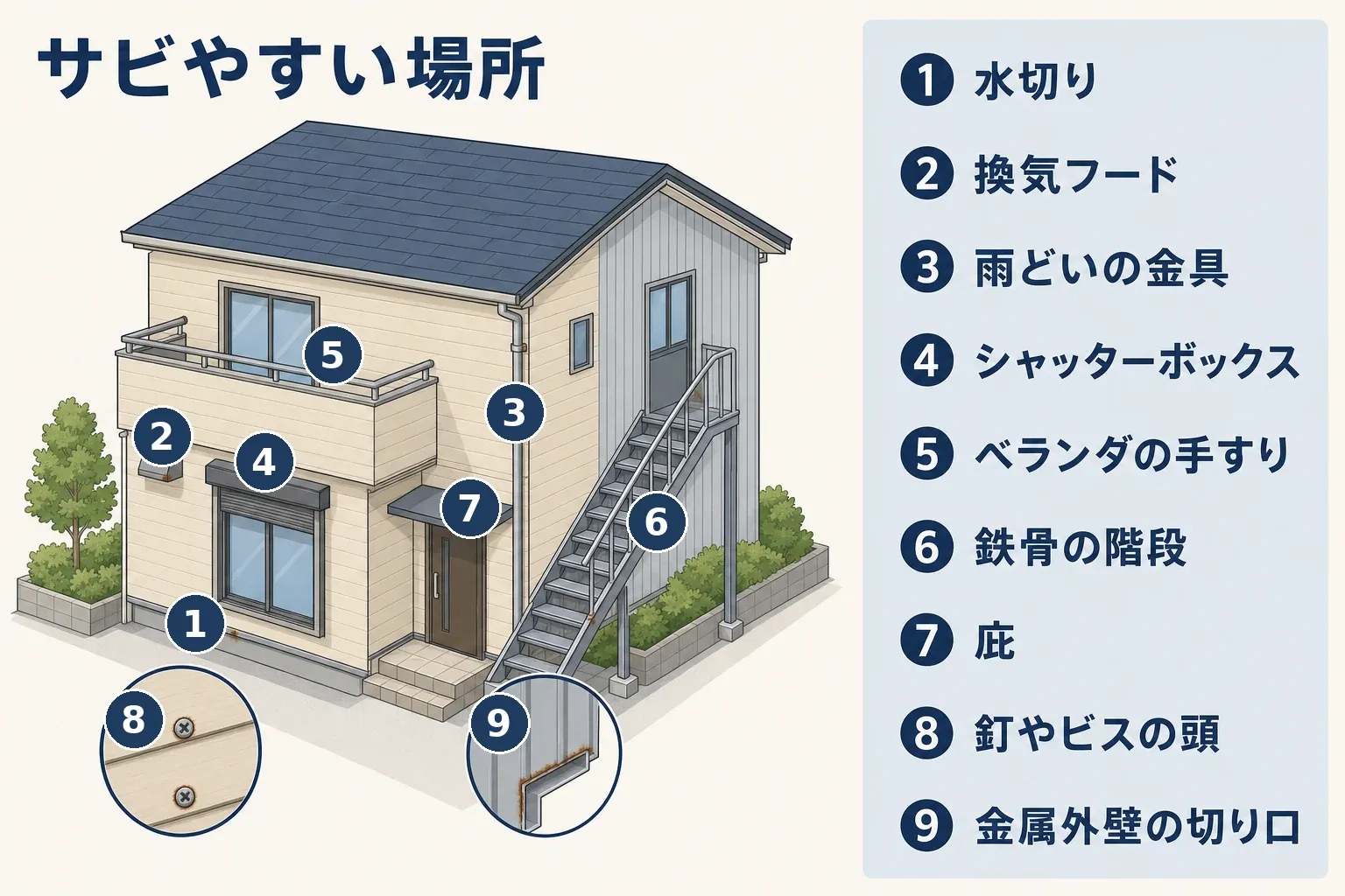 戸建ての家でサビやすい場所を示した部位マップのイメージ図。水切り、換気フード、雨どいの金具、シャッターボックス、ベランダの手すり、鉄骨の階段、庇、釘やビスの頭、金属外壁の切り口の9か所
