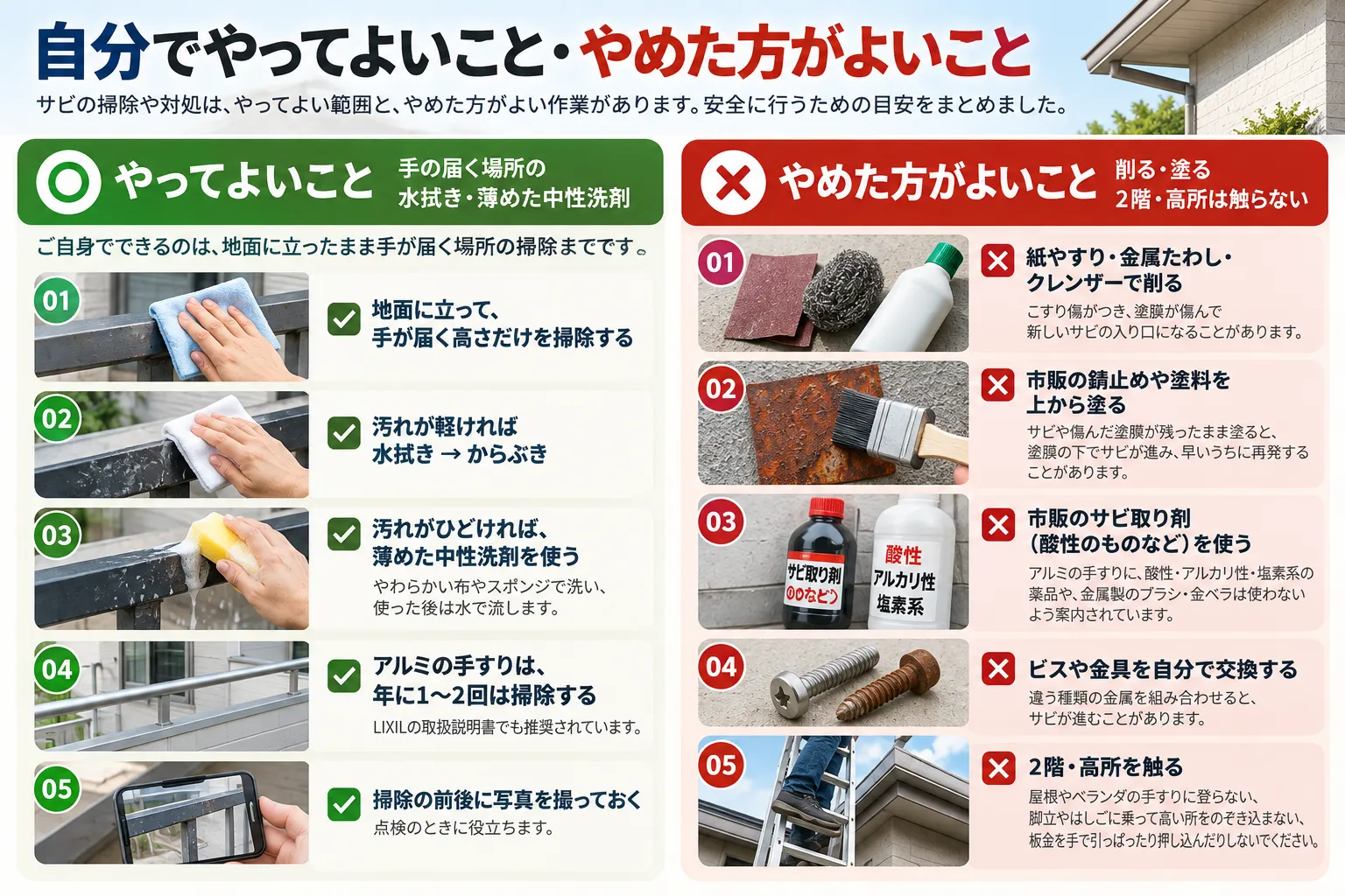 サビについて自分でやってよいこと(手の届く場所の水拭き・薄めた中性洗剤)と、やめた方がよいこと(削る・塗る・2階や高所に上る)を並べたイメージ図