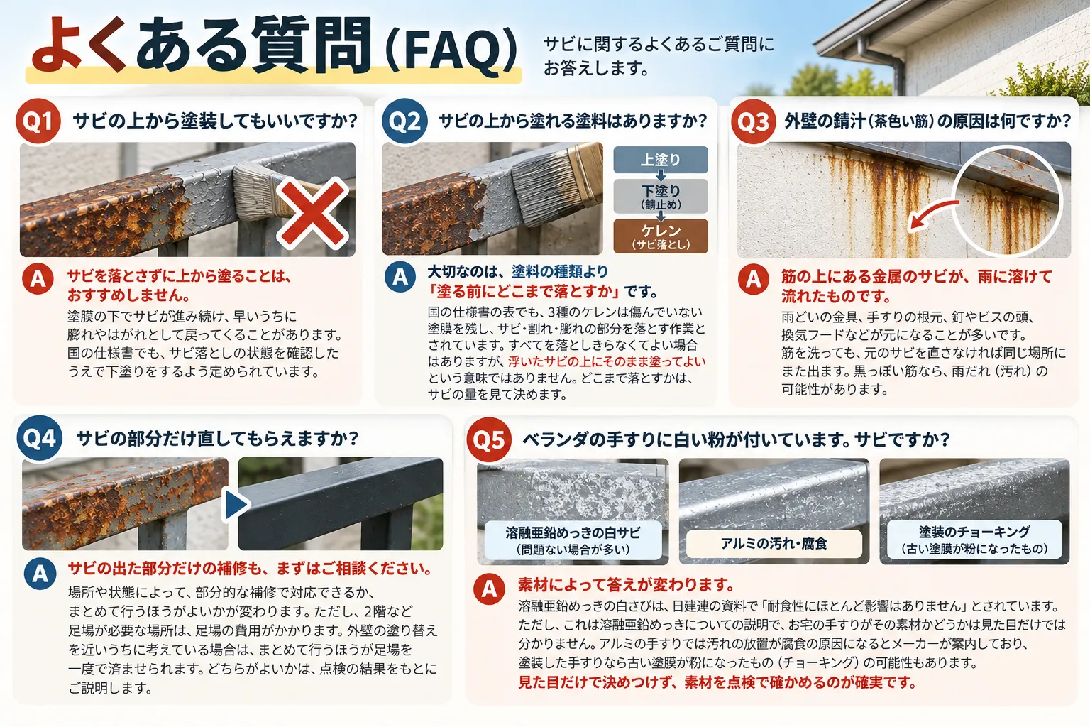 外壁・鉄部のサビについて、よくある質問5つと答えをまとめたイメージ図