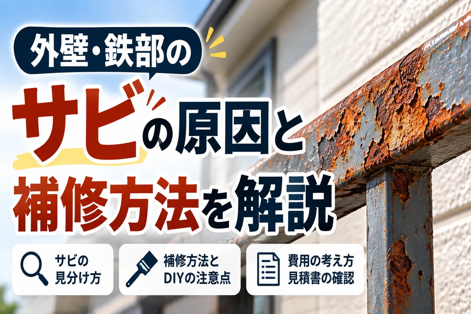 外壁・鉄部のサビの原因と補修方法を解説する記事のサムネイル画像。赤茶色に腐食した金属製の手すりを背景に、サビの見分け方、補修方法とDIYの注意点、補修費用の考え方や見積書の確認ポイントを紹介。