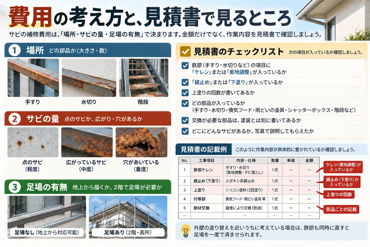 サビの補修費用を決める3つ(場所・サビの量・足場の有無)と、見積書で確認するところをまとめたイメージ図