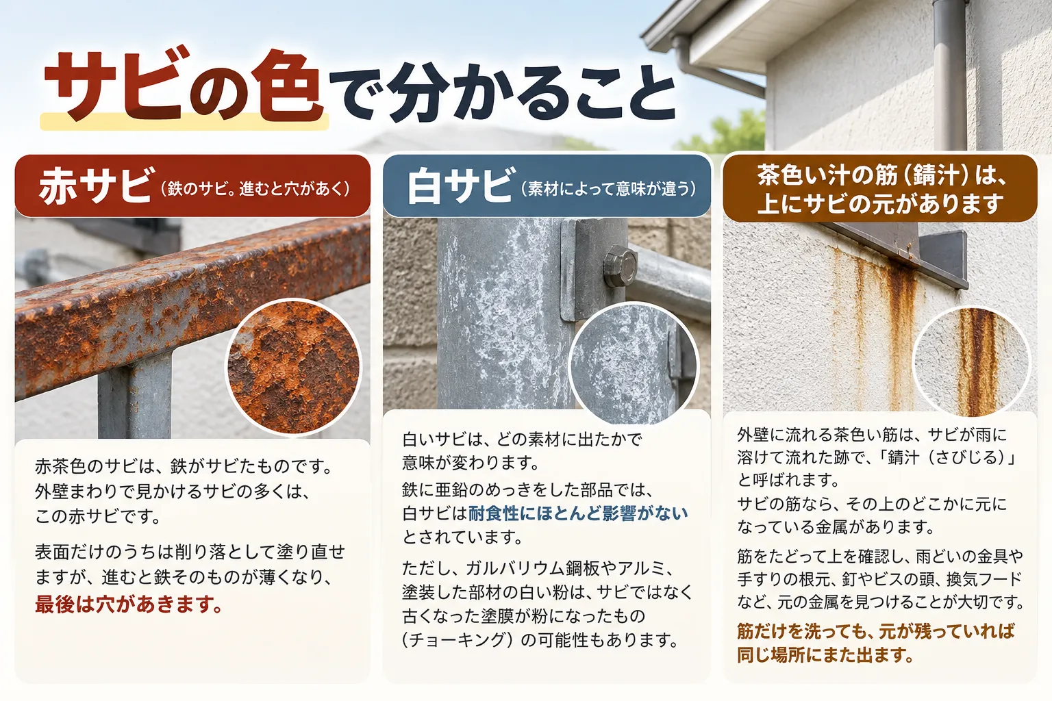 赤サビ・白サビ・茶色い汁の筋(錆汁)の3つを並べ、サビの色で分かることをまとめたイメージ図